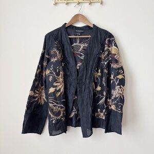 Citron Santa Monica Linen Asian Embroidered Jacket Large Black Gold